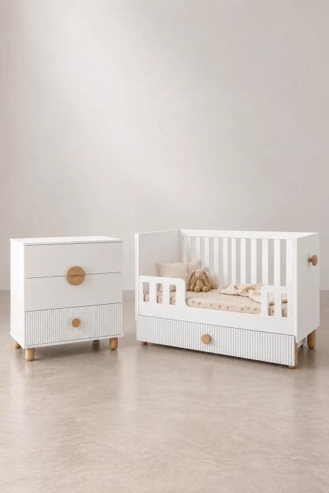 Babyzimmer Set 2-teilig mit Babybett 120x60 cm und Wickelkommode – Bebella Weiss