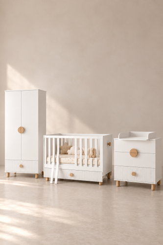 Babyzimmer Set 3-teilig mit Babybett 120x60 cm – Bebella Weiss