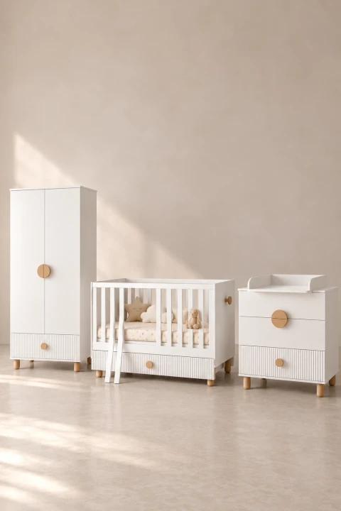 Babyzimmer Set 3-teilig mit Babybett 120x60 cm – Bebella Weiss