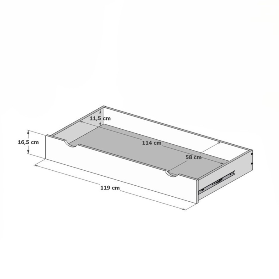 Babybett Bello Schublade Maße 119 cm außen 114x58 cm innen 11,5 cm tief Kugelführungen Abdeckplatte