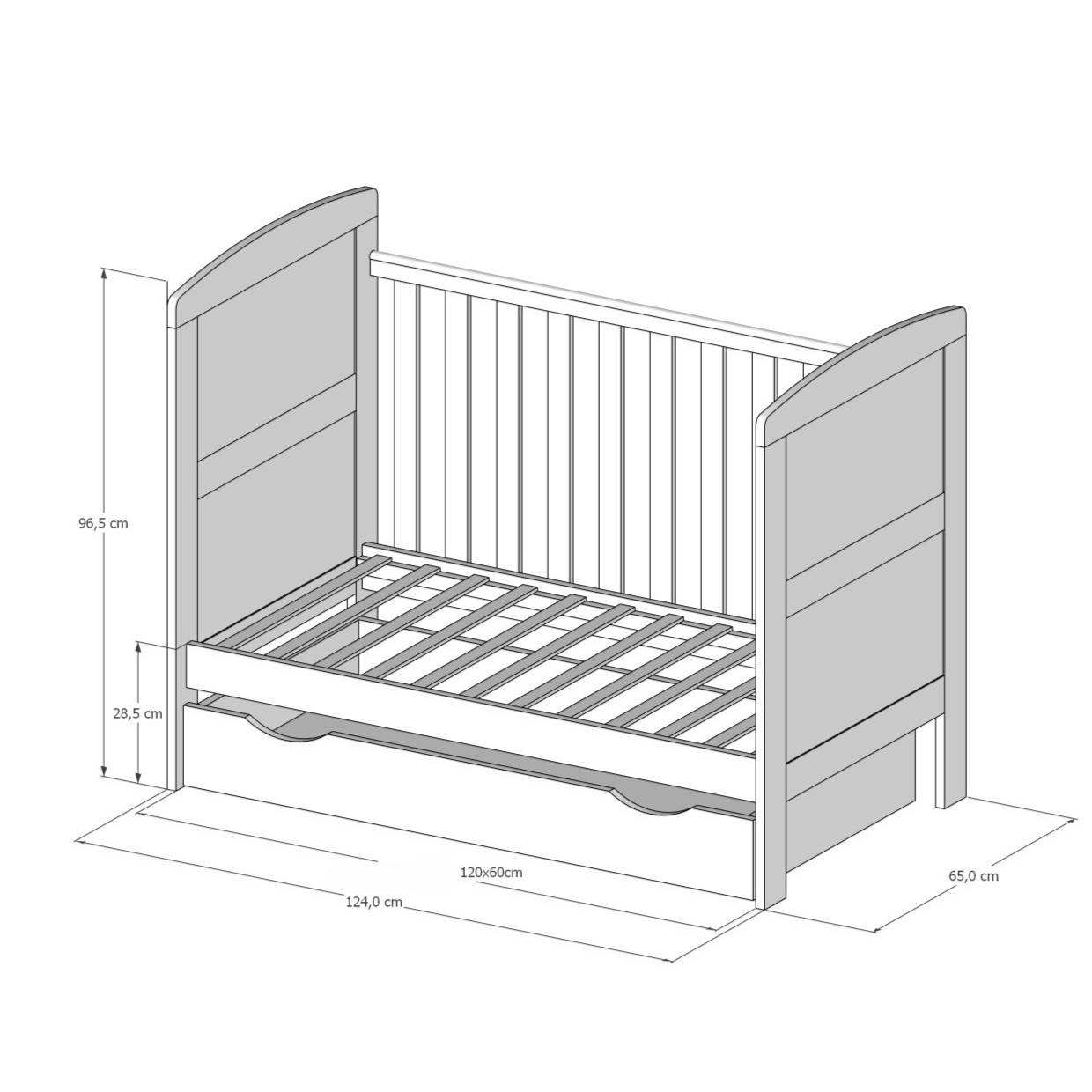 Babybett 3in1 Philip mit Schublade 140x70 cm Maße