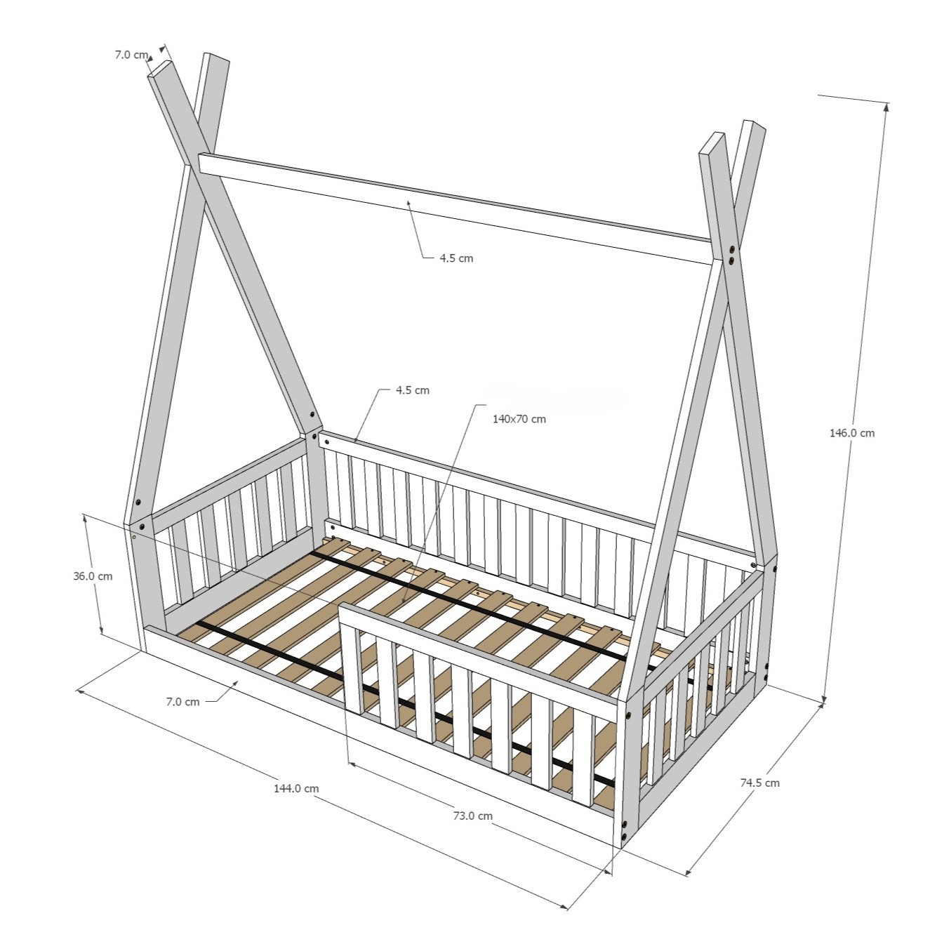 Kinderbett Tipi Bino Weiß Montessori Bodenbett Kiefernholz 140x70 cm Schutzleisten Lattenrost Matratze skandinavisch