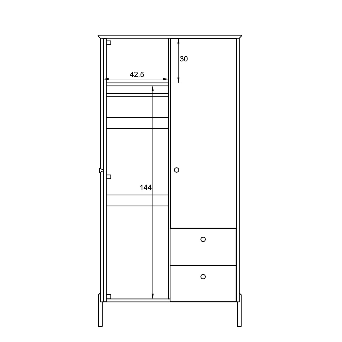 Kleiderschrank TOSCA Innenaufteilung – Kleiderstange, Einlegeböden, Schubladen