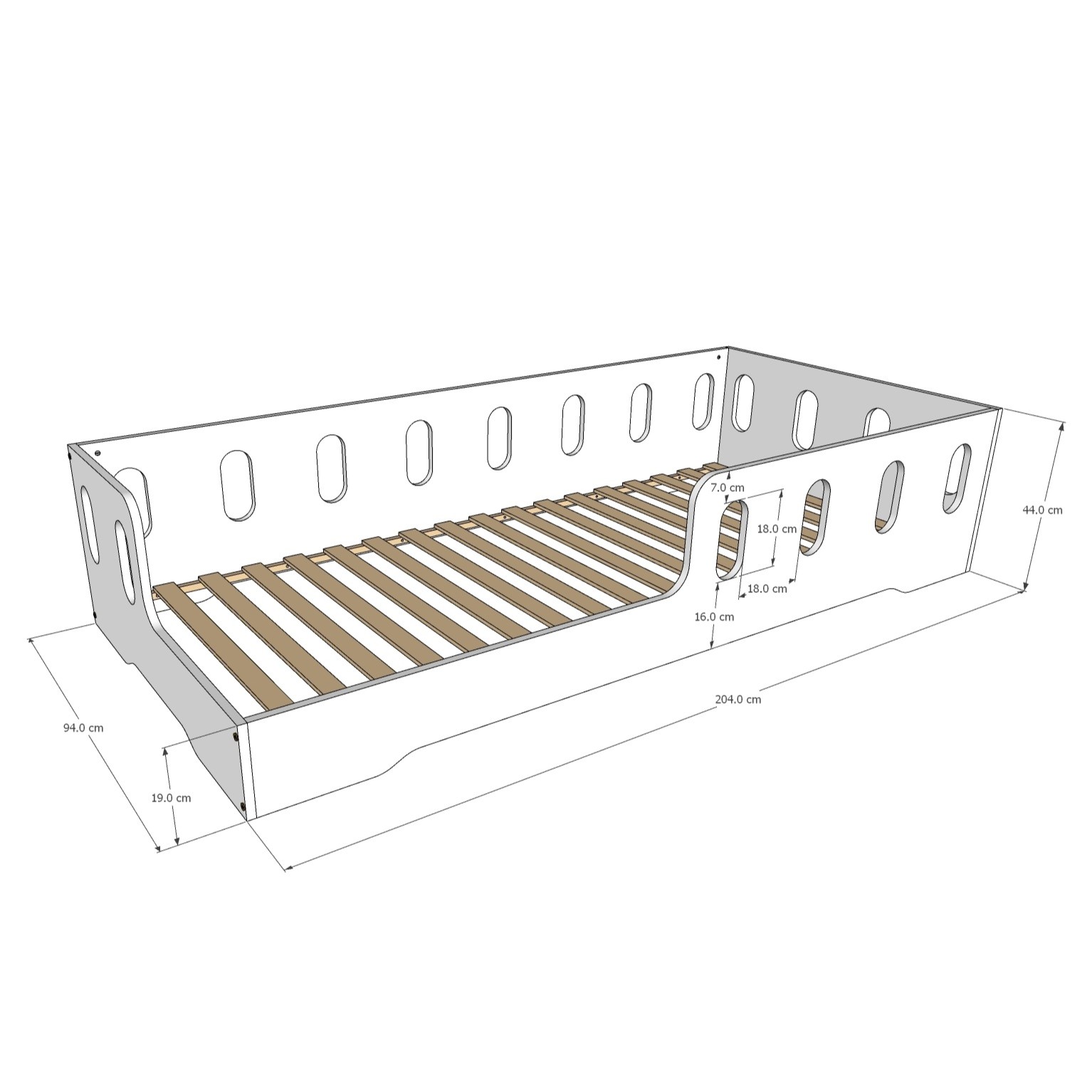 Montessori Bodenbett Balu Kinderbett MDF Holz 204x94x44 cm ovale Öffnungen seitlicher Einstieg Lattenrost skandinavisch