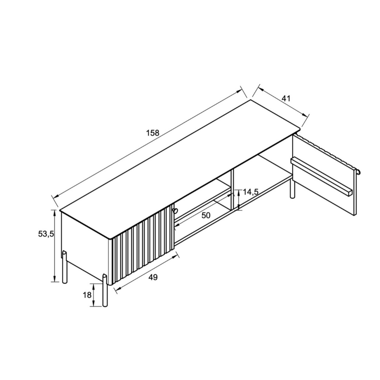 TV-Schrank TOSCA Massivholz Buche Natur geriffelte Fronten Metallfüße Kabelmanagement 158x39,5x53,5 cm